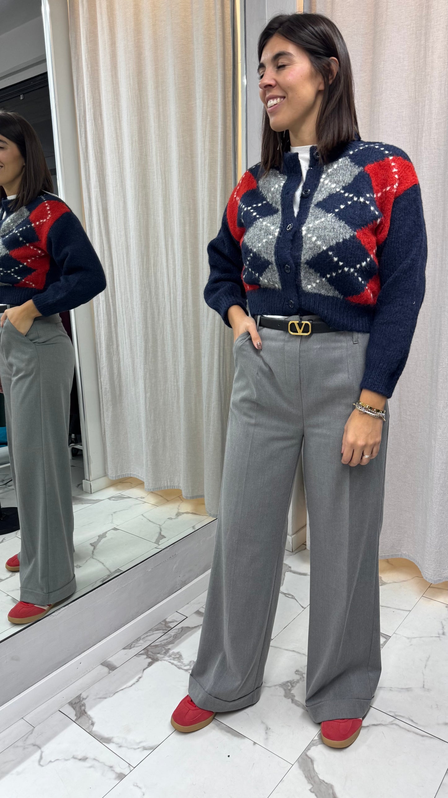 CARDIGAN CORTO LOSANGHE blu/marrone