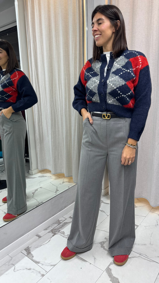 CARDIGAN CORTO LOSANGHE blu/marrone