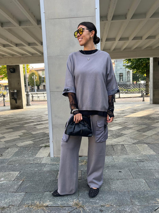 COMPLETO IN MAGLIA CARGO beige/grigio/nero