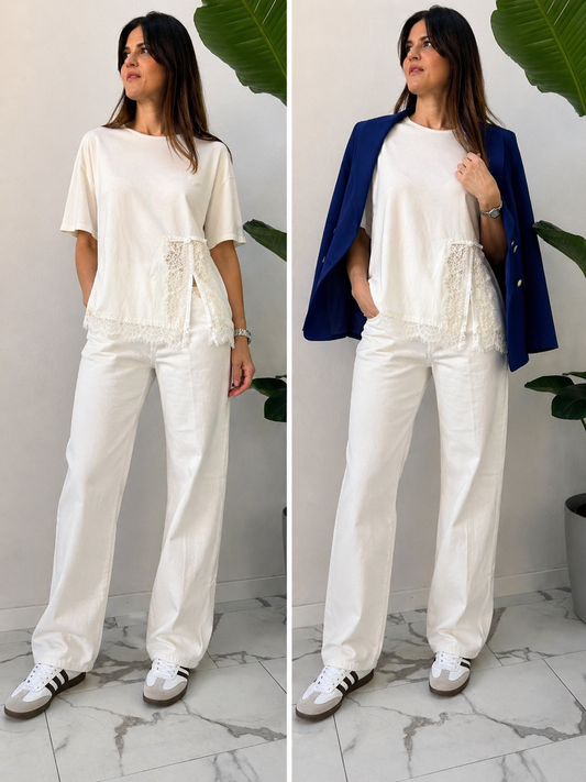 T-SHIRT PECHINO PIZZO PANNA