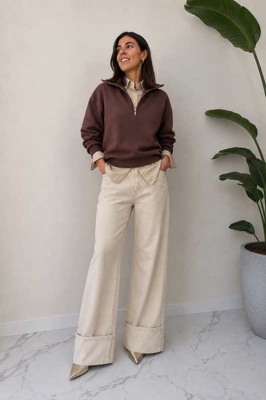 JEANS ECRÙ MAXI RISVOLTO